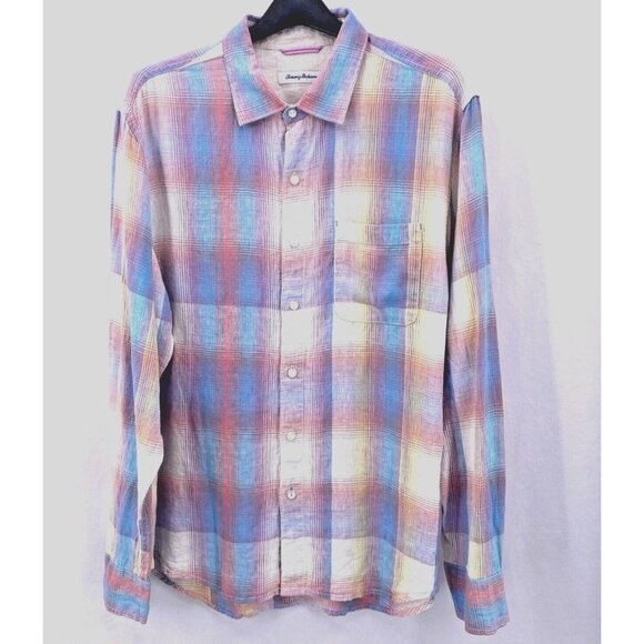Tommy Bahama Shirt Men’s Size L 100% Linen Spring Plaid Pastel Long Sleeves - Picture 2 of 14